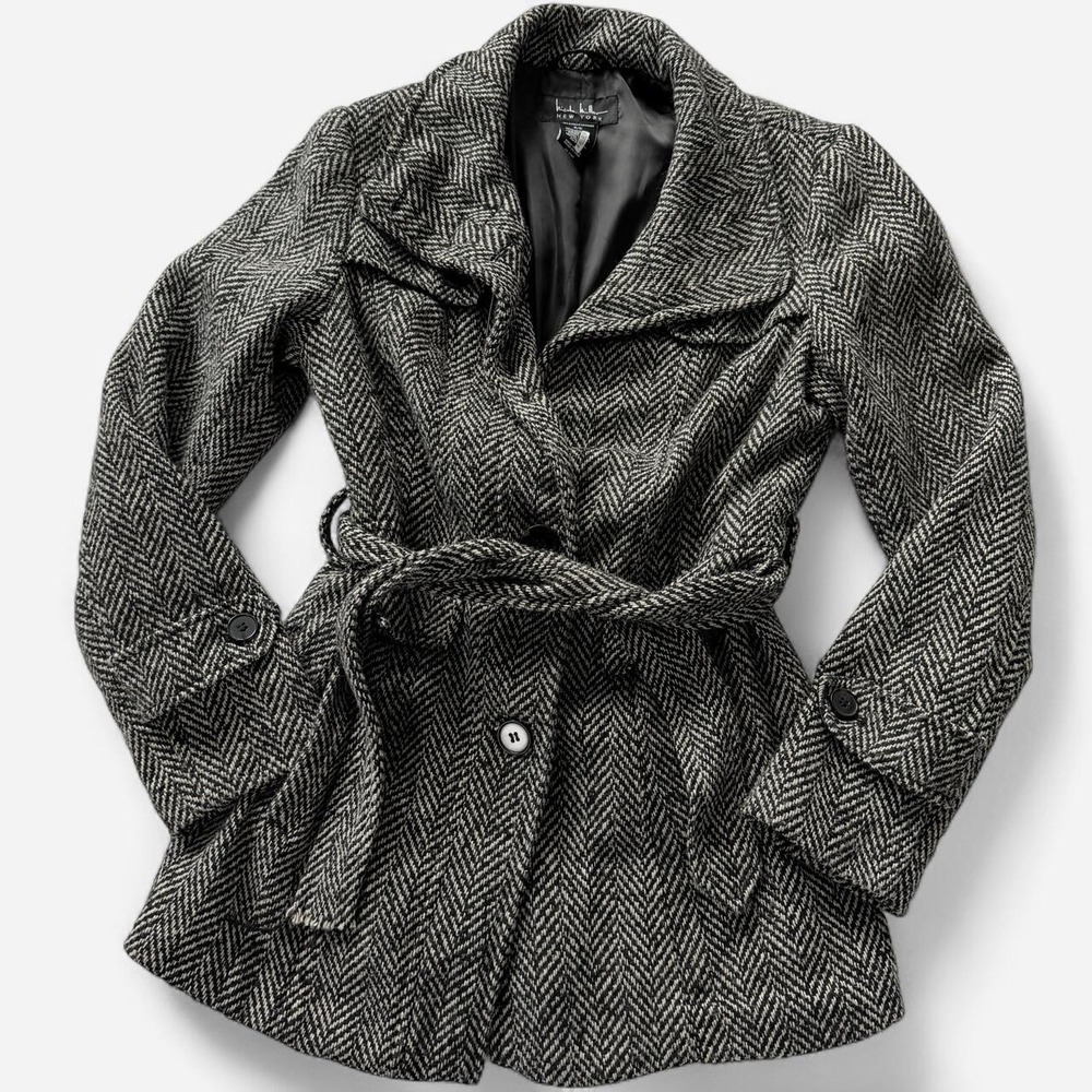 Nicole Miller New York Women's Small Herringbone Wool Blend Belted Coat